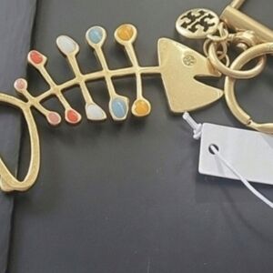 Tory Burch Gold Fishbone Keychain with Colorful Accents